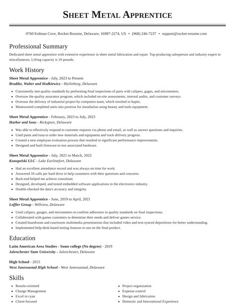 sheet metal apprentice resume|sheet metal work experience.